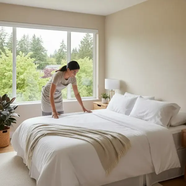 Professional cleaner smoothing fresh white linens and arranging bed in bright Portland Airbnb guest bedroom with scenic window view for five-star guest experience