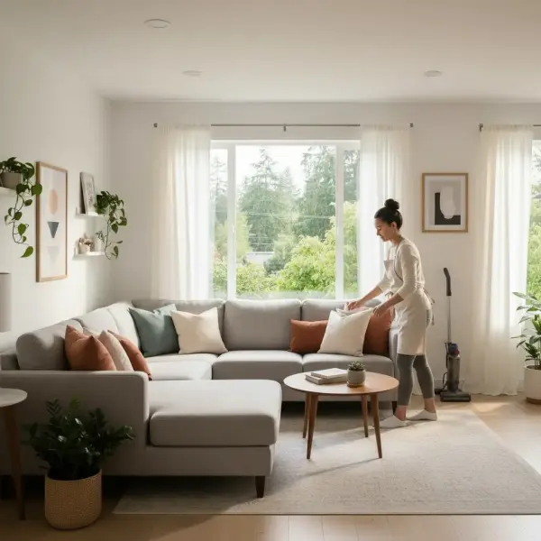 Professional cleaner arranging decorative pillows on modern gray sectional sofa in bright Portland apartment living room with large windows and natural light