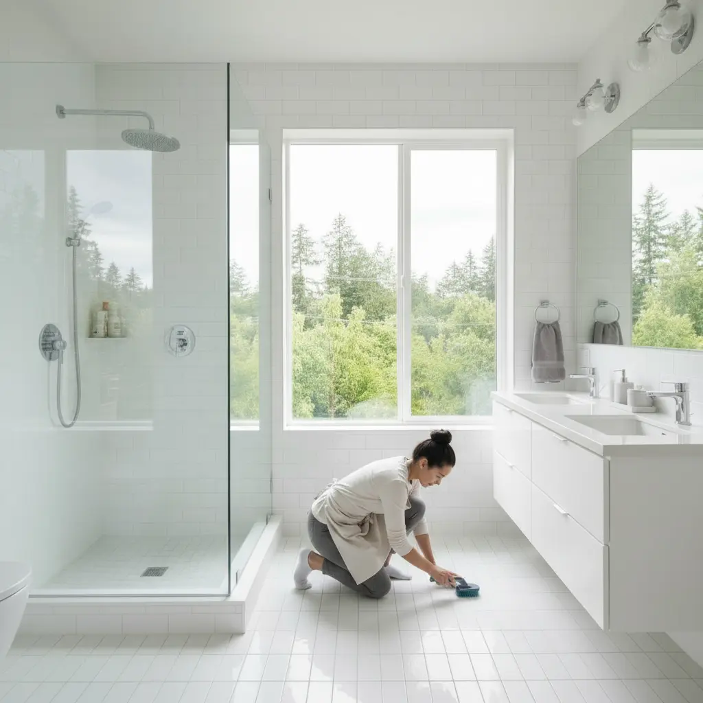 Professional cleaner deep cleaning spotless modern Portland bathroom with white tile floors, glass shower enclosure, and scenic window view