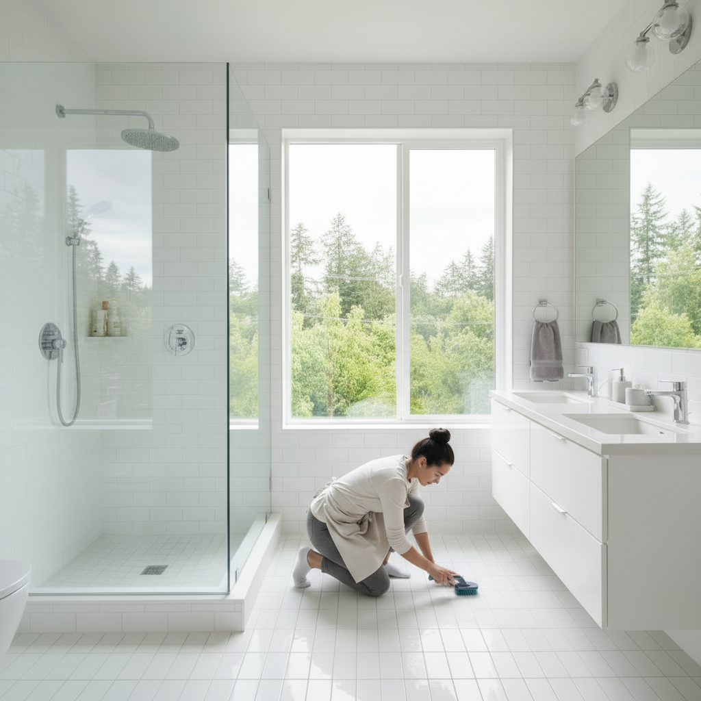 Professional cleaner deep cleaning spotless modern Portland bathroom with white tile floors, glass shower enclosure, and scenic window view