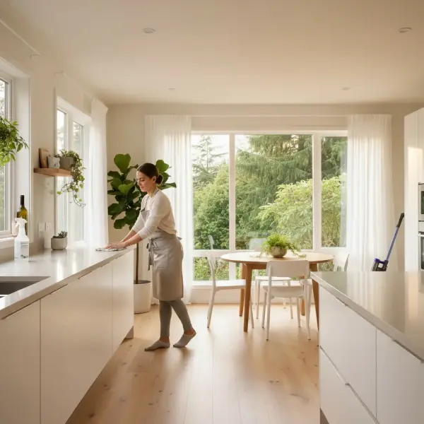 Professional house cleaner wiping white kitchen countertop in bright modern Portland home with natural light and indoor plants