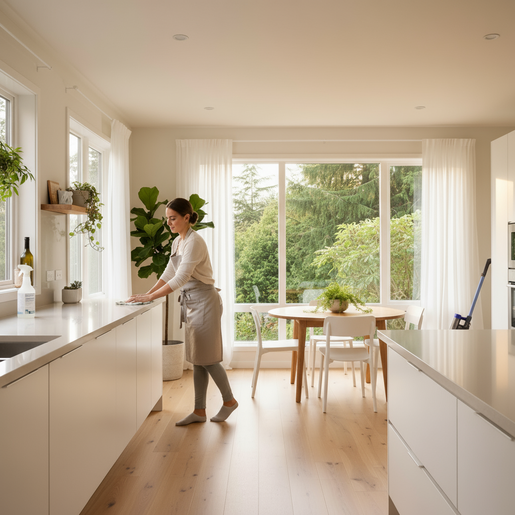 Professional house cleaner wiping white kitchen countertop in bright modern Portland home with natural light and indoor plants