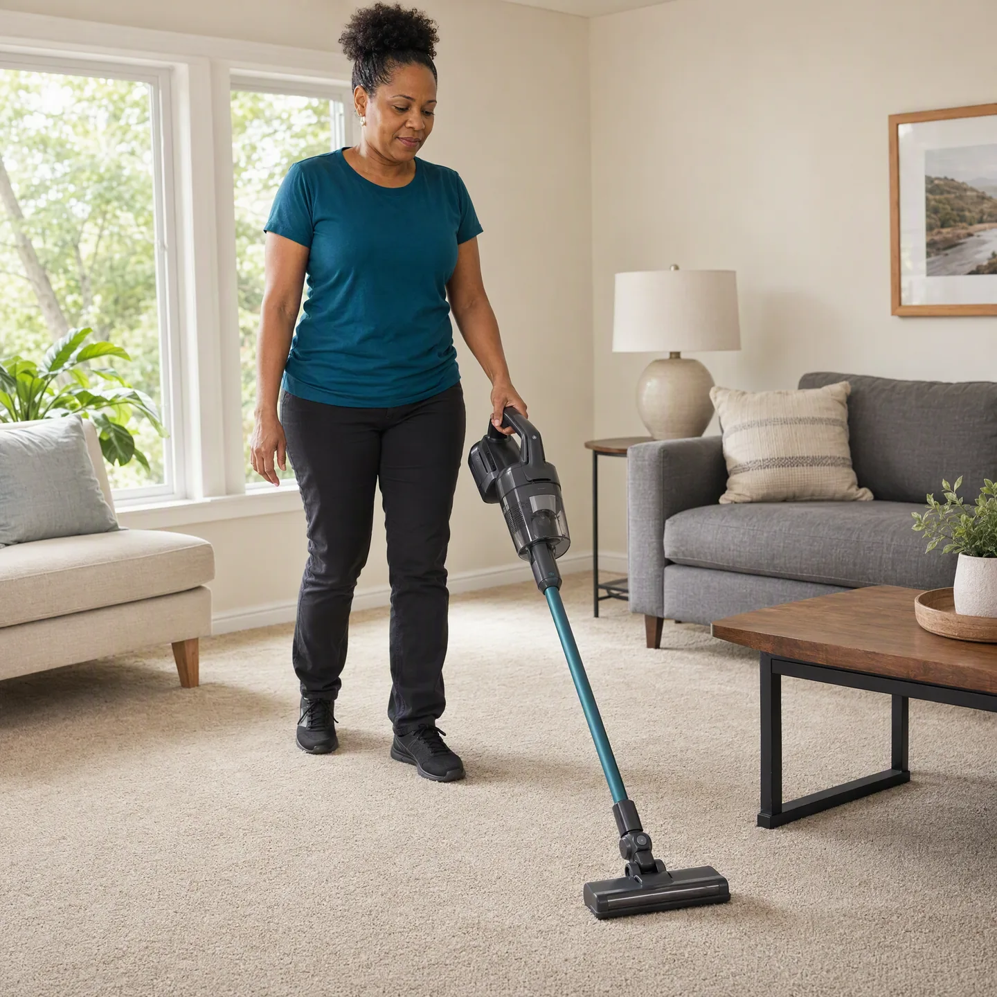 Professional cleaner using a cordless vacuum in a living room