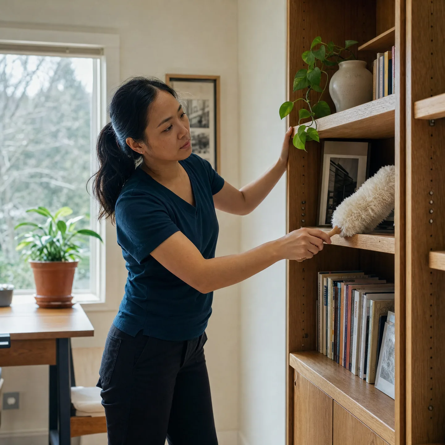 Professional cleaner dusting a home-office bookshelf