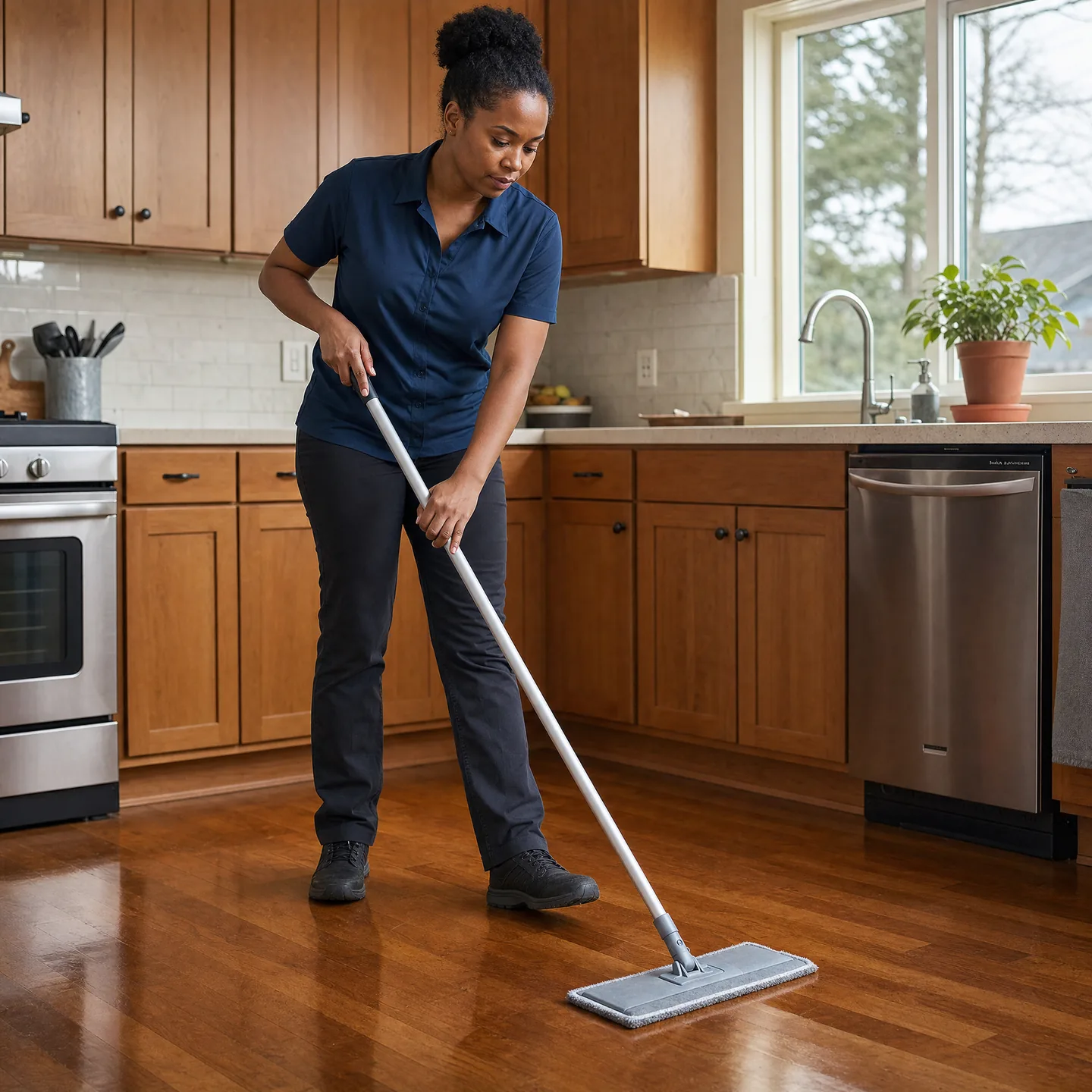 Professional cleaner mopping a home kitchen floor