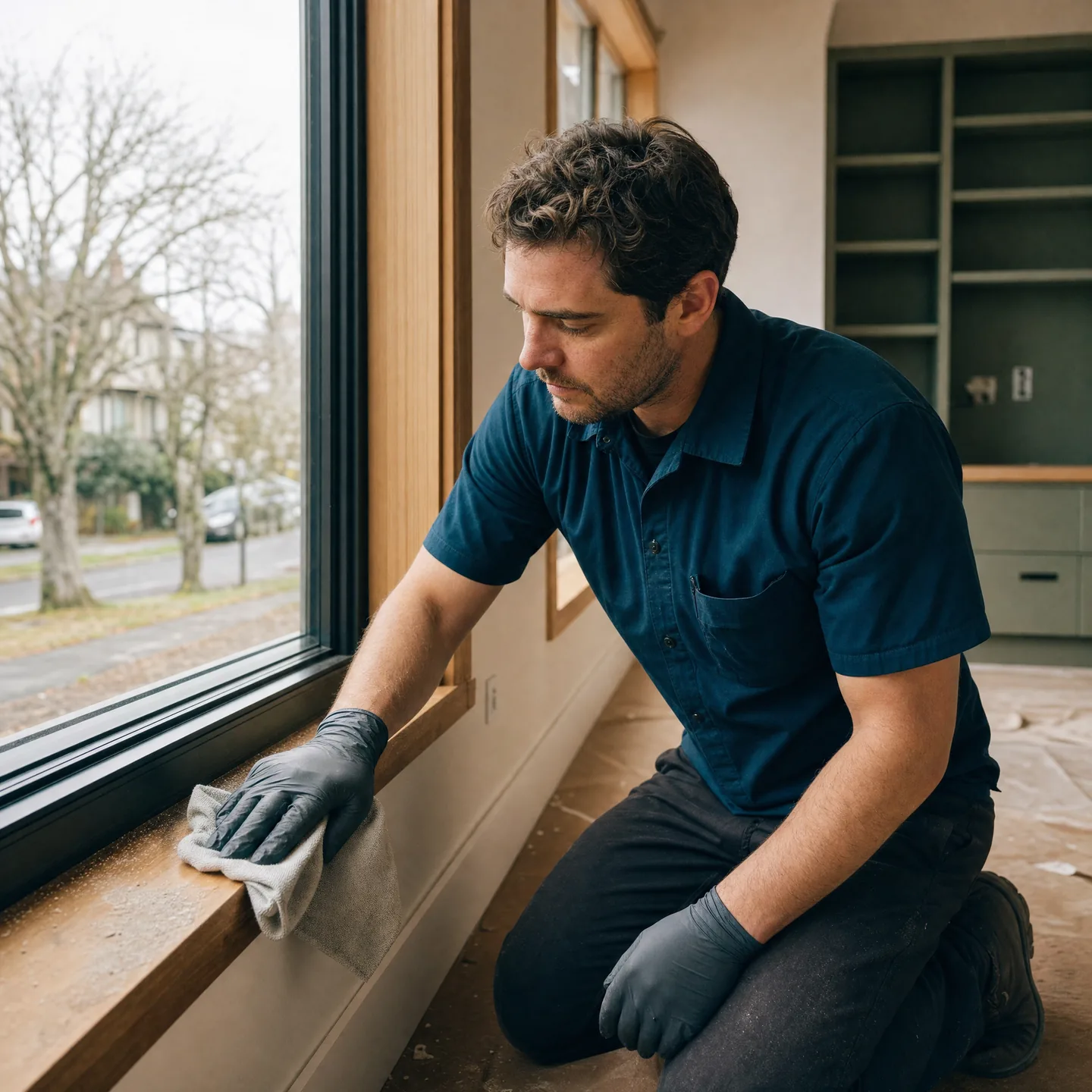 Professional cleaner removing construction dust from a window sill