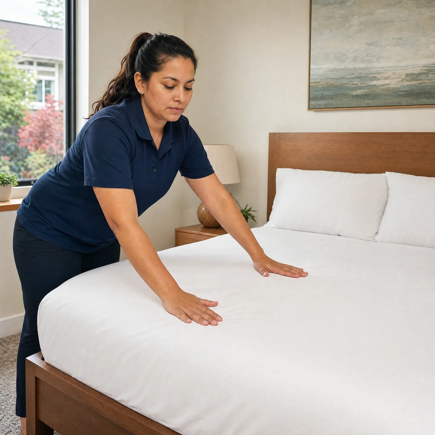 Professional cleaner smoothing a white duvet on a guest bed