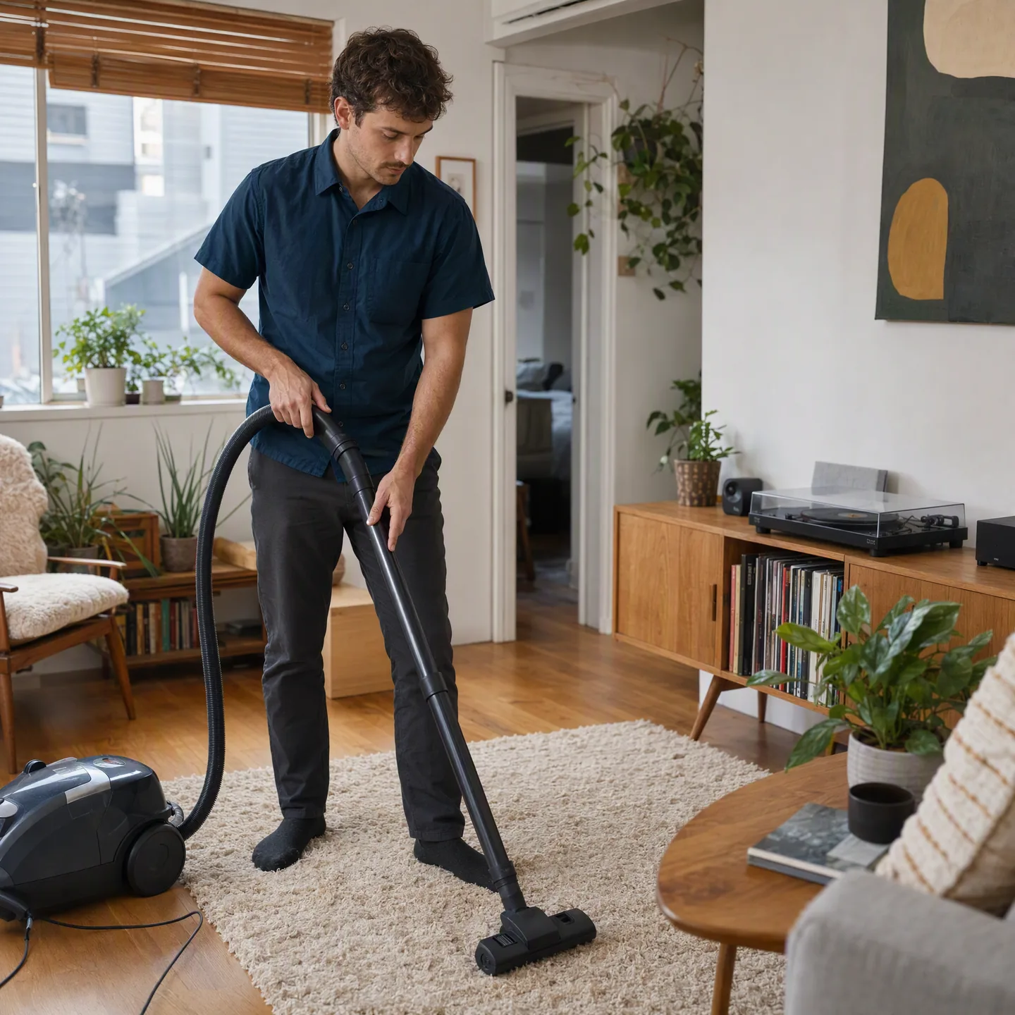Professional cleaner vacuuming a compact apartment living room