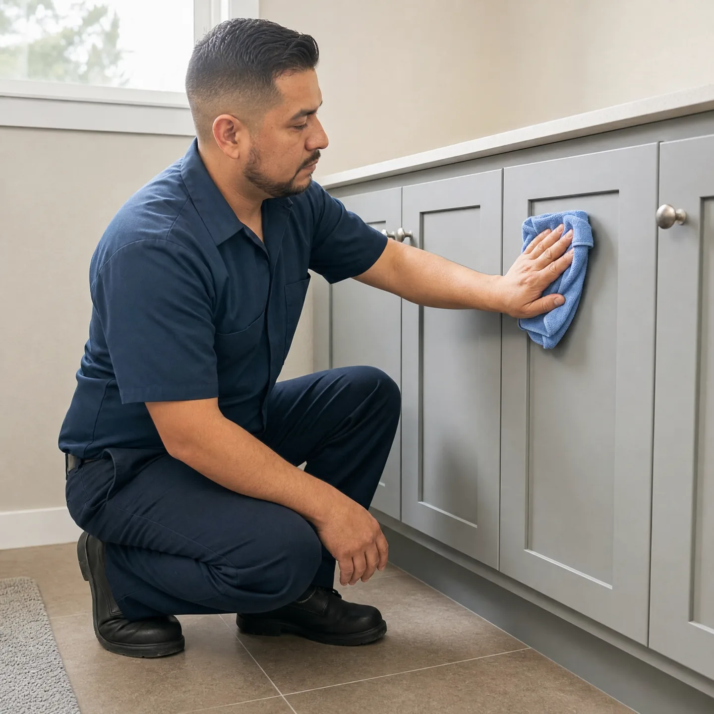 Professional cleaner wiping a bathroom vanity cabinet