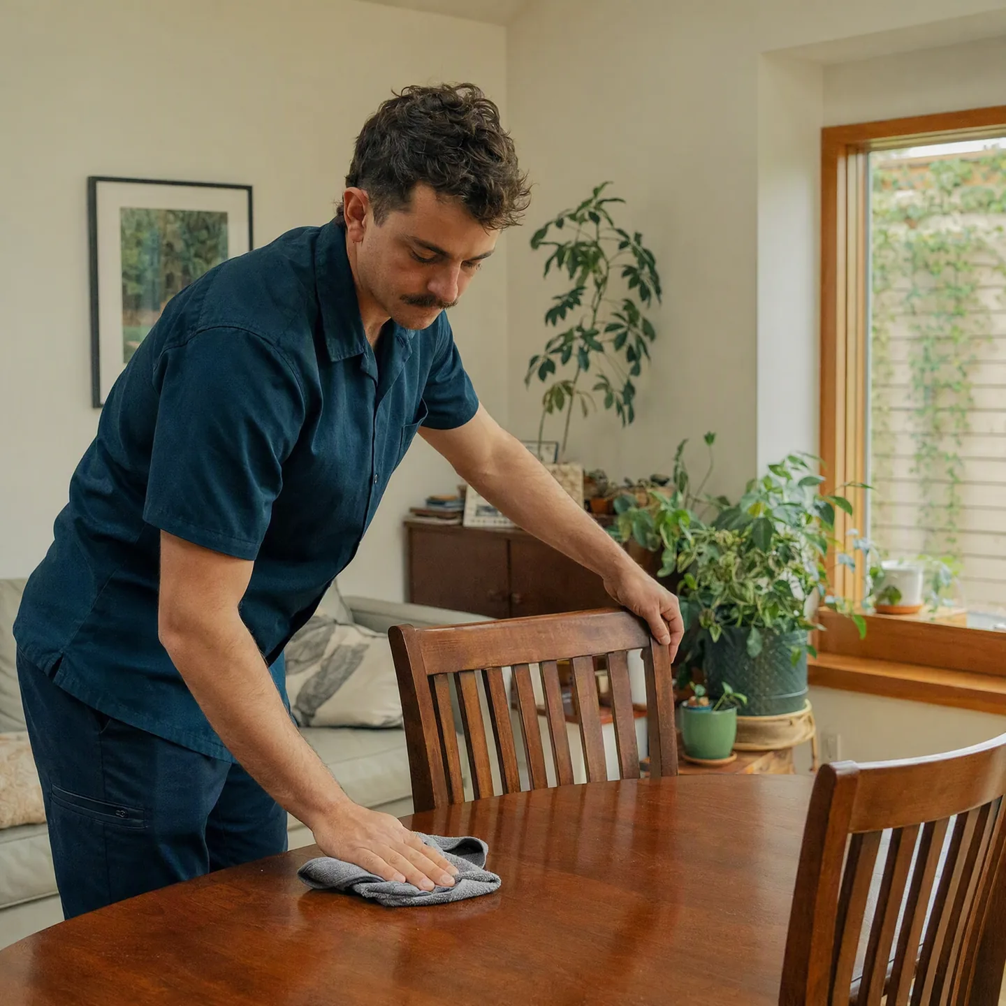 Professional cleaner wiping a wood dining table