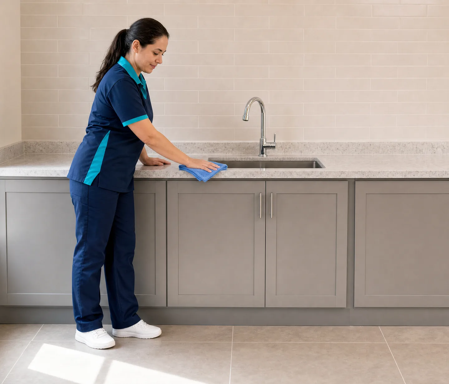Professional cleaner wiping the counter beside an accessible kitchen sink