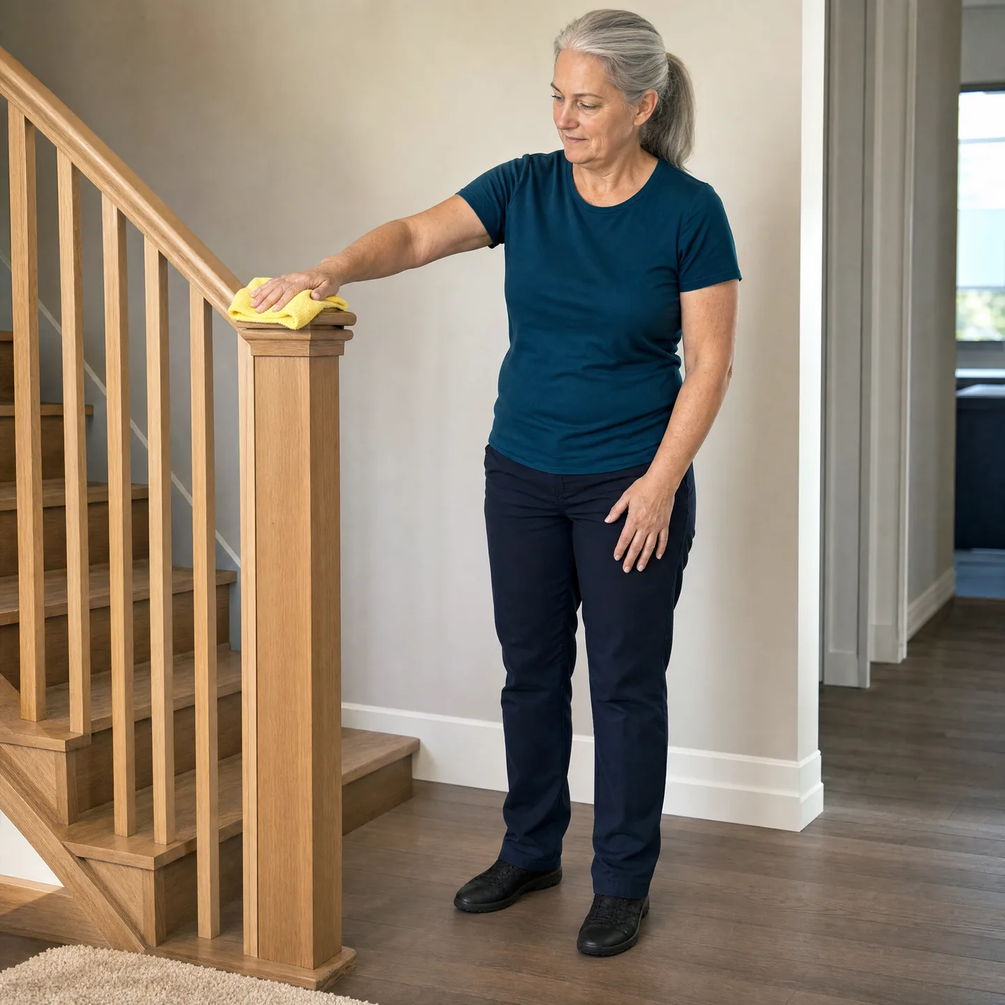 Professional cleaner wiping a wood stair handrail