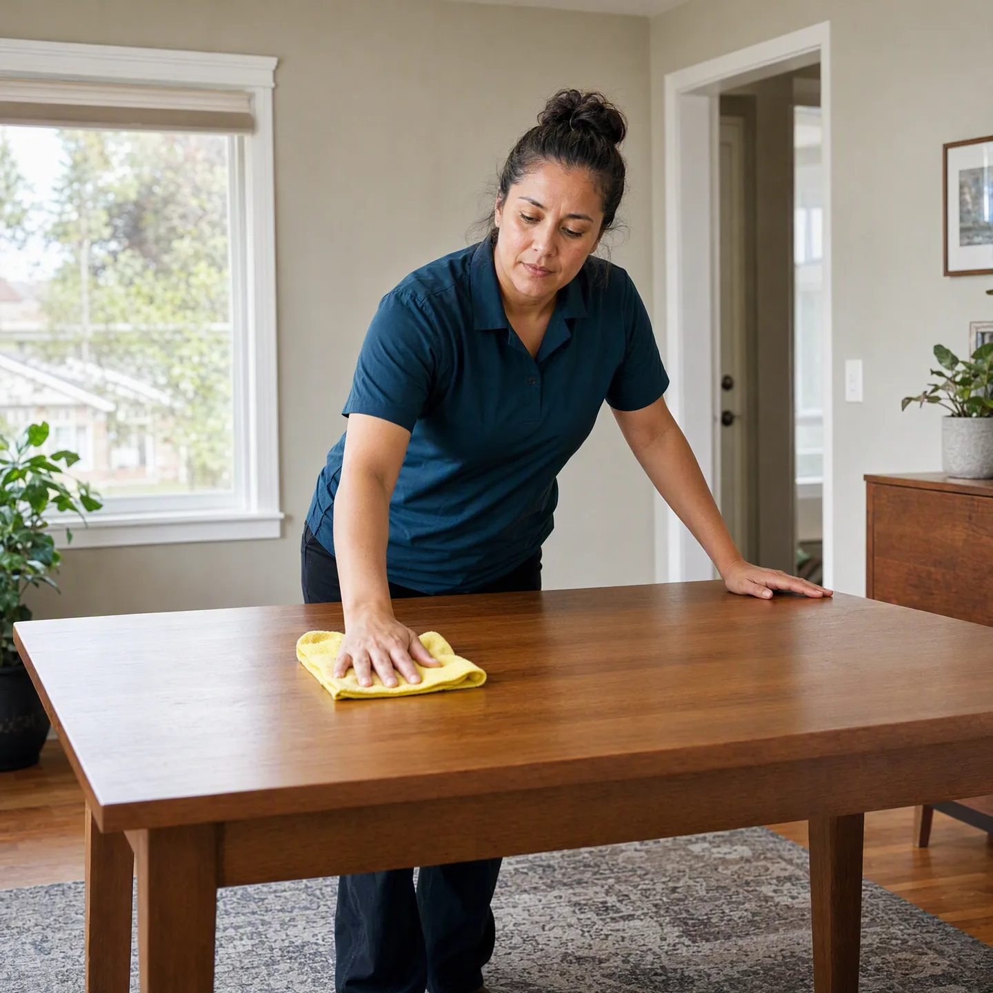 Professional cleaner wiping a wood dining table