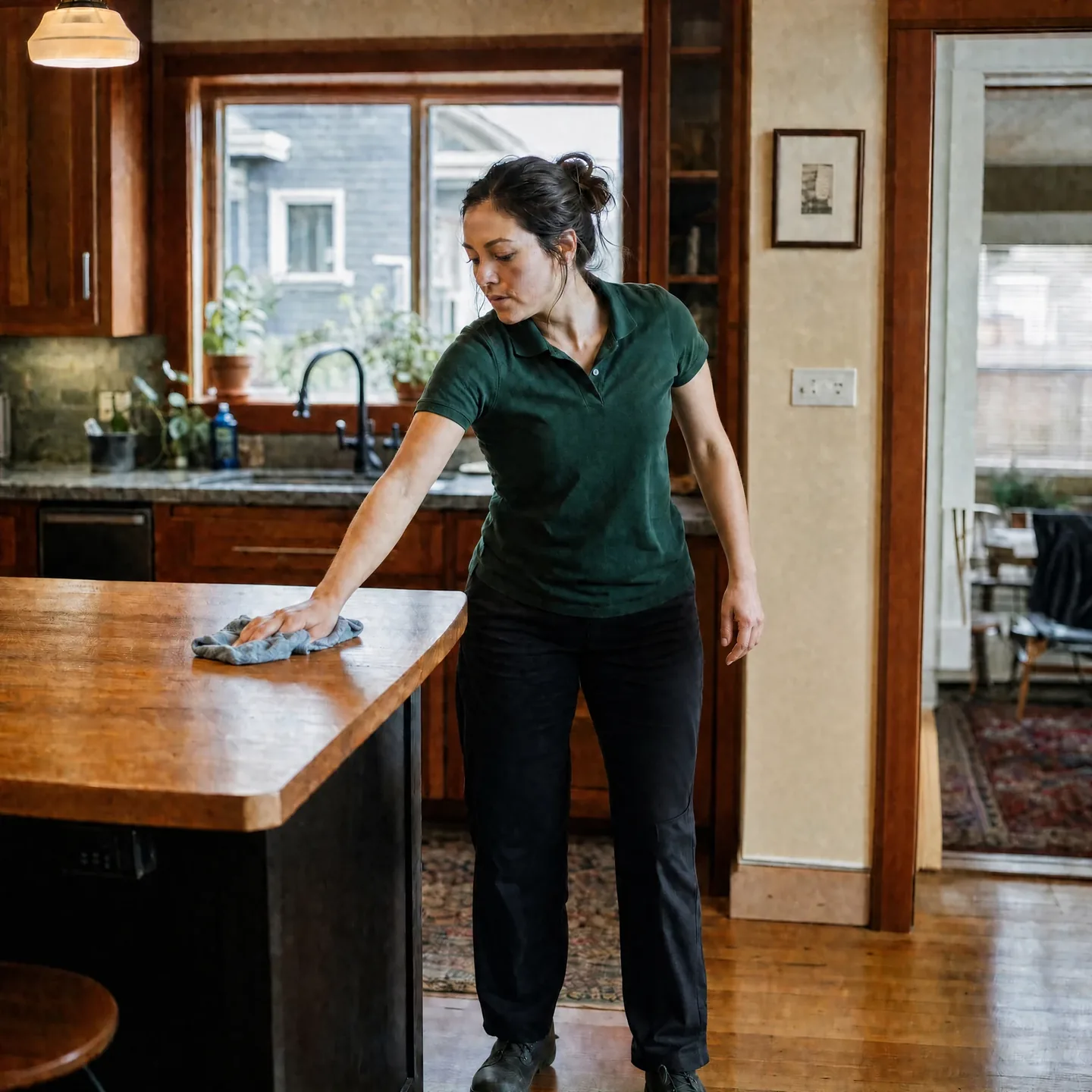 Independent professional house cleaner wiping a kitchen island