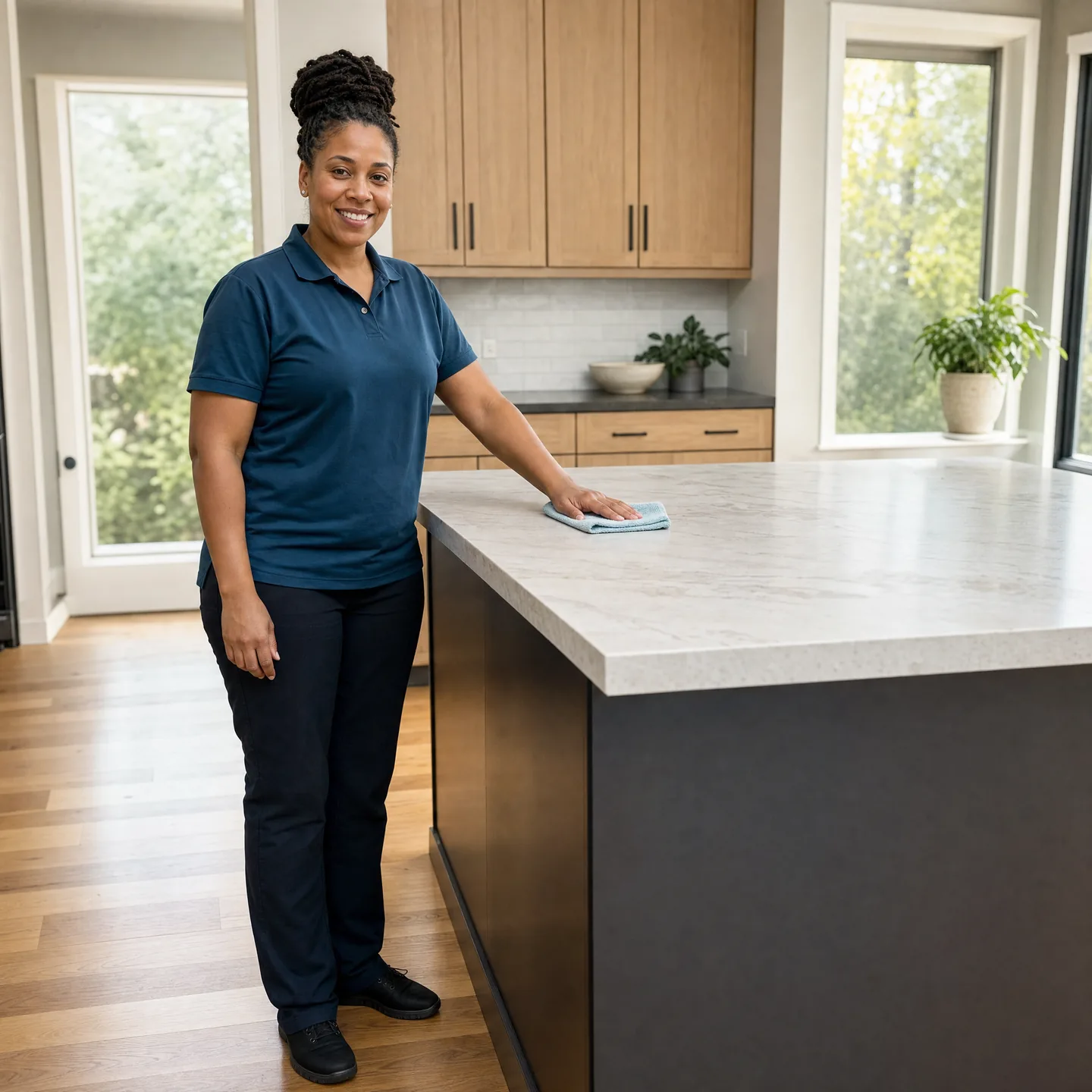 Smiling professional cleaner wiping a kitchen island countertop