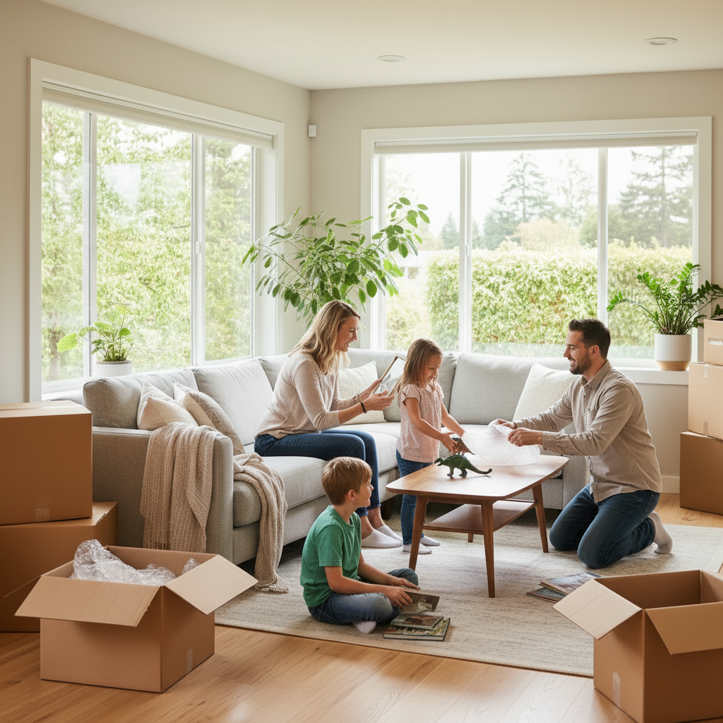 Happy family with moving boxes in bright Portland home living room settling into freshly cleaned space after professional move-in cleaning service