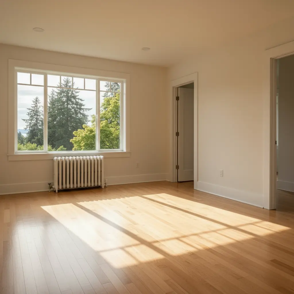 Empty spotless Portland apartment bedroom with gleaming hardwood floors, white walls, vintage radiator, and large windows with natural sunlight after professional move-out cleaning