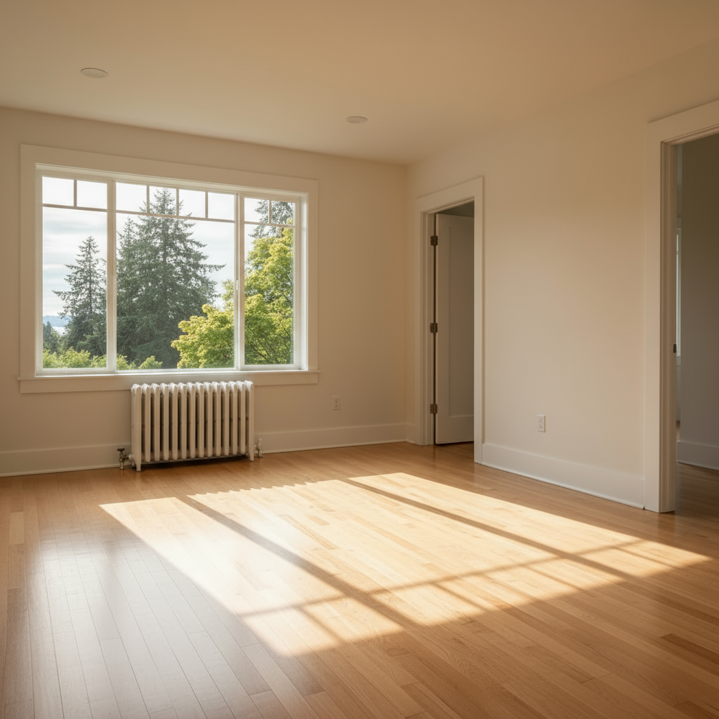Empty spotless Portland apartment bedroom with gleaming hardwood floors, white walls, vintage radiator, and large windows with natural sunlight after professional move-out cleaning