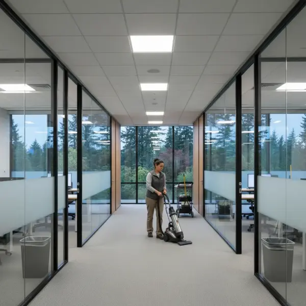 Professional cleaner vacuuming carpeted hallway in modern Portland office building with glass conference rooms and scenic outdoor views