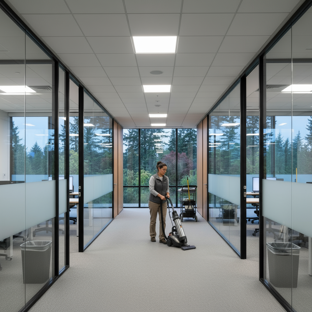 Professional cleaner vacuuming carpeted hallway in modern Portland office building with glass conference rooms and scenic outdoor views