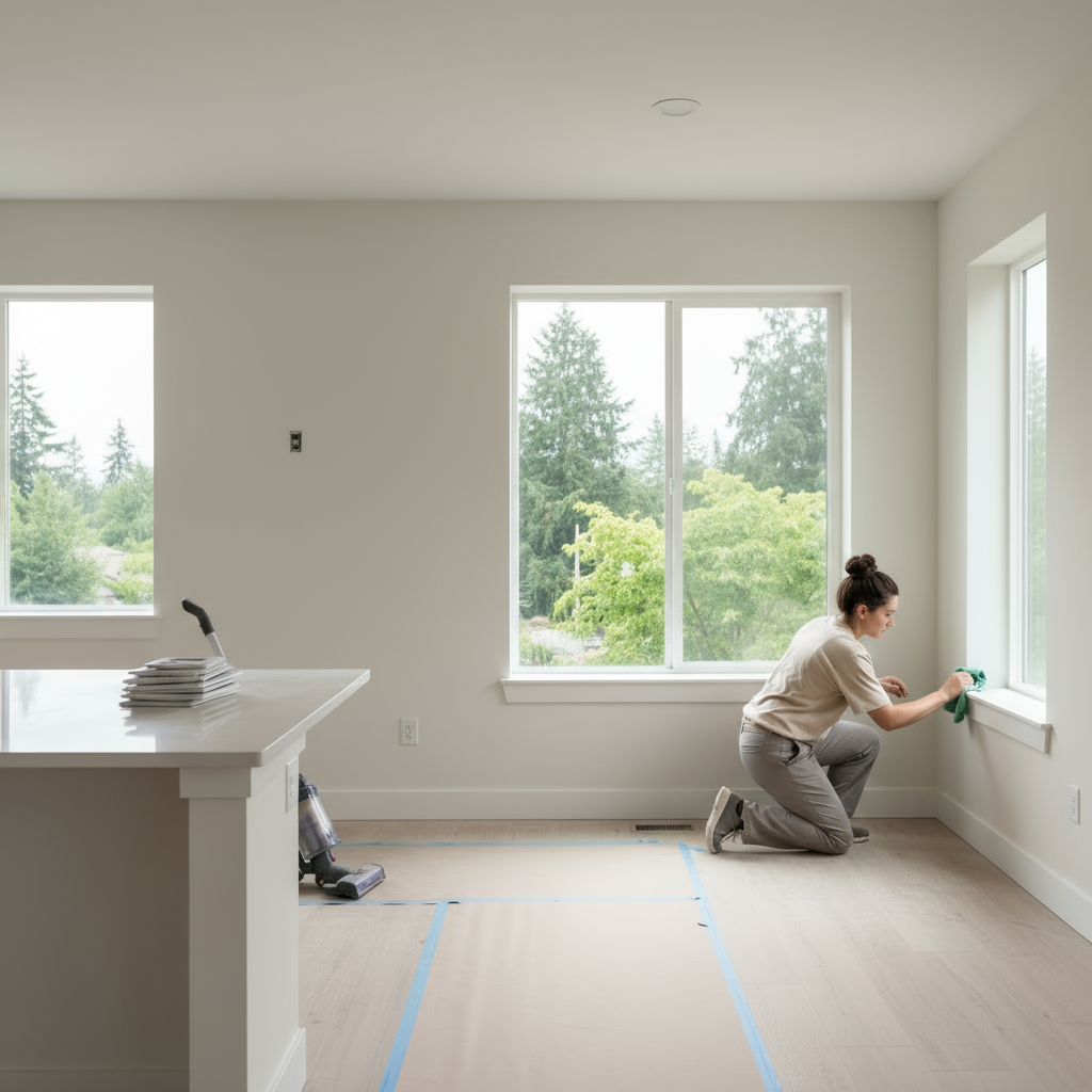 Professional cleaner meticulously cleaning window sill and trim in newly constructed Portland home with bright natural light and fresh white walls