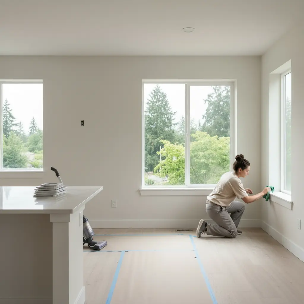 Professional cleaner meticulously cleaning window sill and trim in newly constructed Portland home with bright natural light and fresh white walls